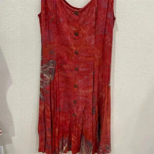 Women's Sleeveless Midi A-Line Dress Tie Dye Marble Pattern Red L boho chic